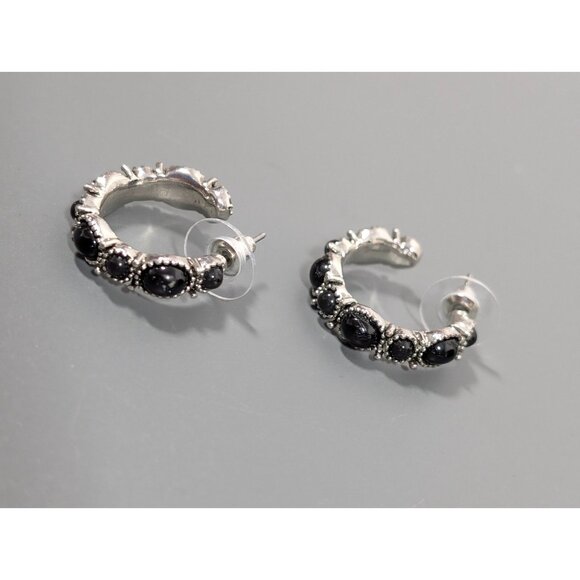 Chaps Black Cabochon Silver Tone Hoop Pierced Earrings Western Boho - Picture 3 of 12